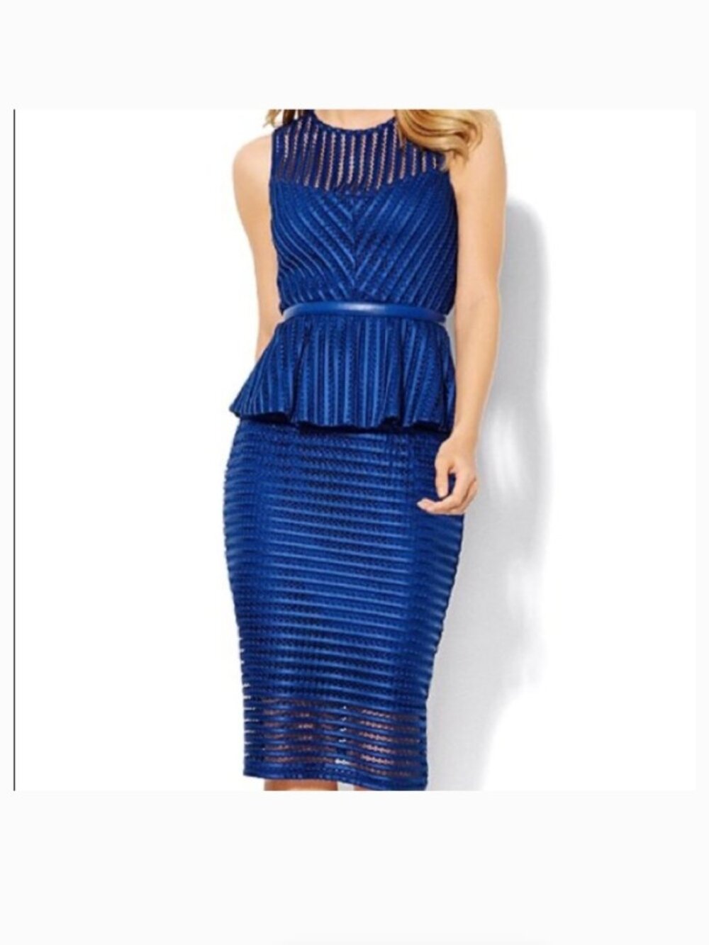 NEW YORK & COMPANY STRIPED MESH OPEN EYELET SKIRT SET ROYAL BLUE SIZE SMALL